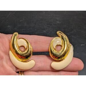 Monet Gold Tone White Enameled Clip-On Earrings